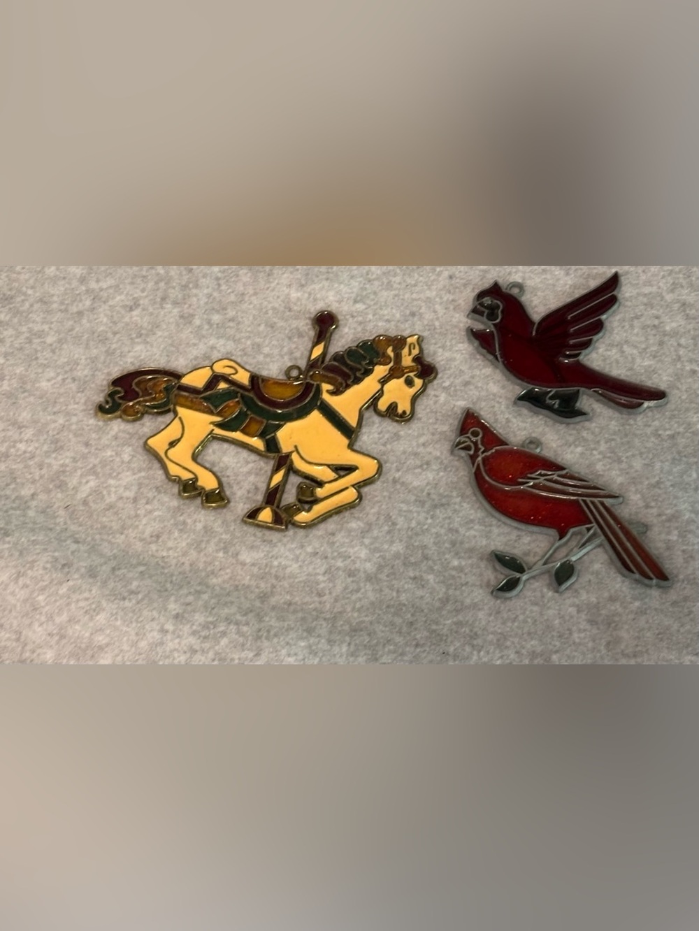 Vintage Makit & Bakit Stained Glass Suncatcher Ornament Carousel Horse Cardinals